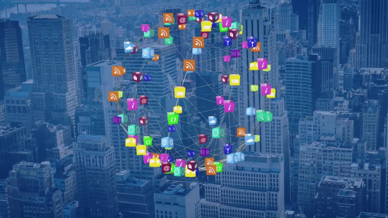 Animazione di globo formato da icone digitali online su paesaggio urbano