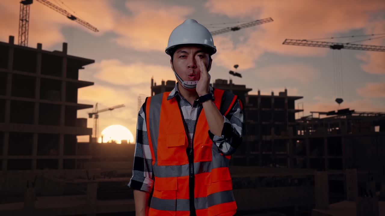 Asian Male Engineer With Safety Helmet Yelling With Hand Over Mouth While Standing At Building & Construction Site in Progress to New House