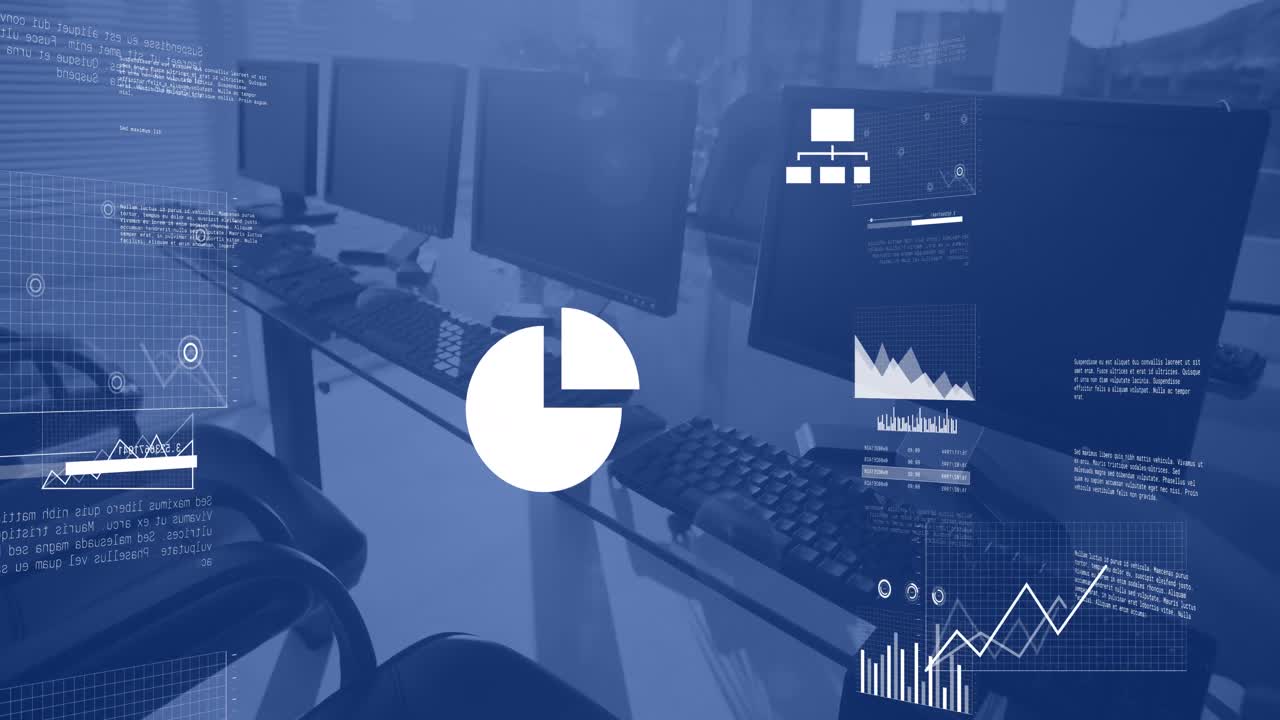 아이콘, 그래프, 지도 및 컴퓨터 언어의 애니메이션 비어있는 의자, 사무실의 데스크 ⁇