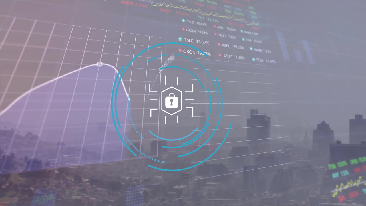 Animation of financial data processing and padlock icons over cityscape