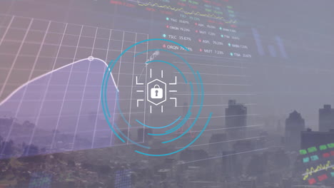 Animation-Der-Verarbeitung-Finanzieller-Daten-Und-Vorhängeschlosssymbole-über-Der-Stadtlandschaft