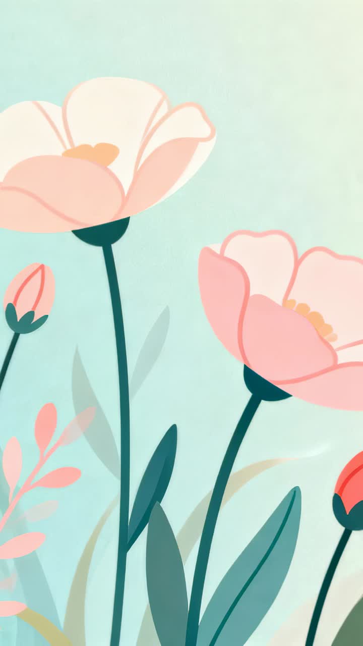 Vertical video: Loop starting two pink flowers and teal stems swaying on portrait, with red bud