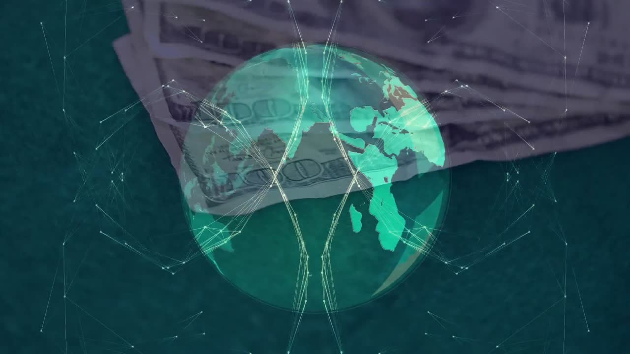сеть связей, образующих земной шар против американских долларов, вращающихся
