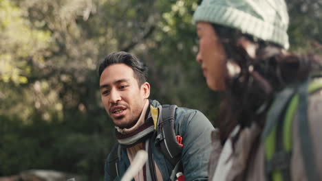 conversation, hiking and happy with couple