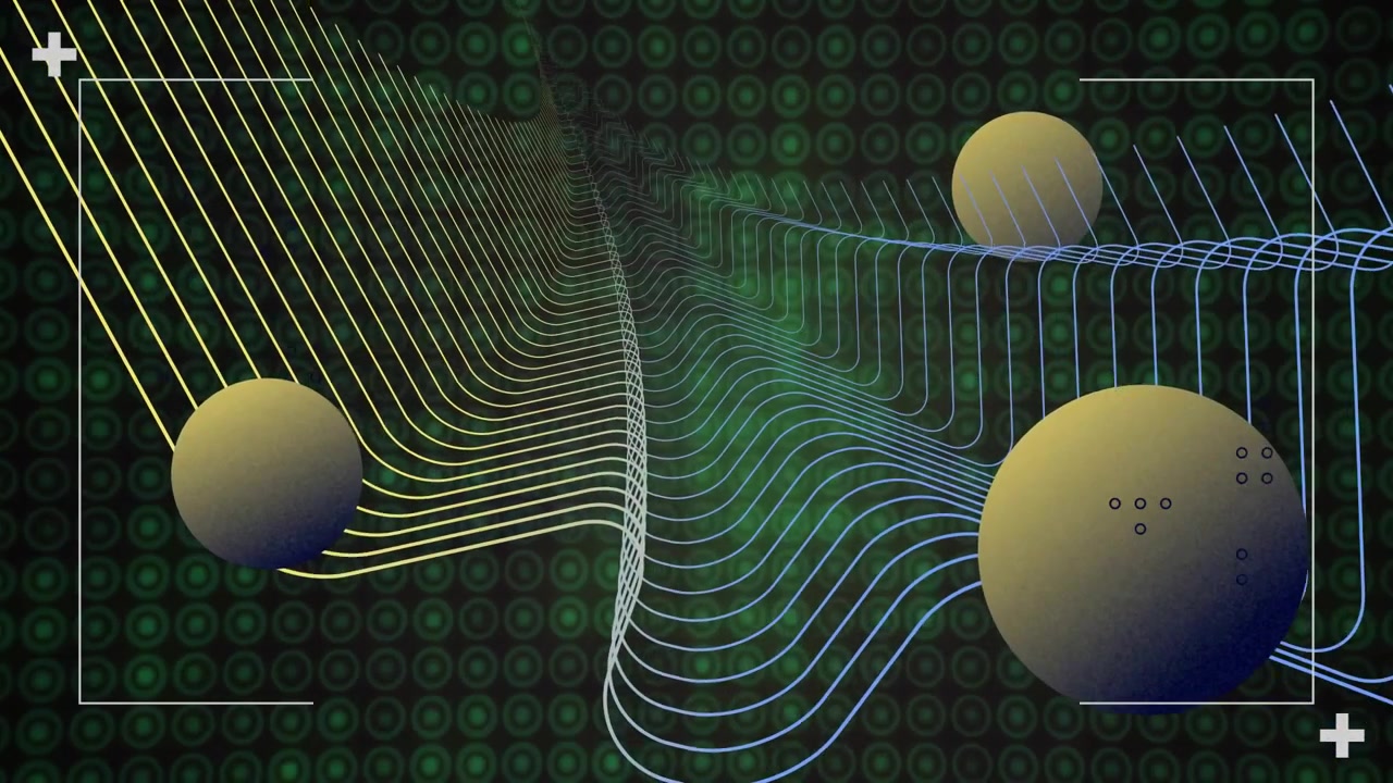 Undulating gradient grid being animated over dark backdrop, showing floating spheres in 3D render