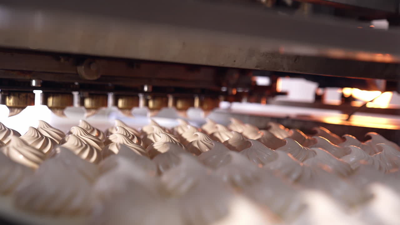 A number of freshly-made creamy marshmallows moving on the conveyor line. New marshmallows being squeezed at the backdrop. Close view.