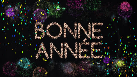 animation of glittering text bonne annee, with confetti and fireworks, on black background