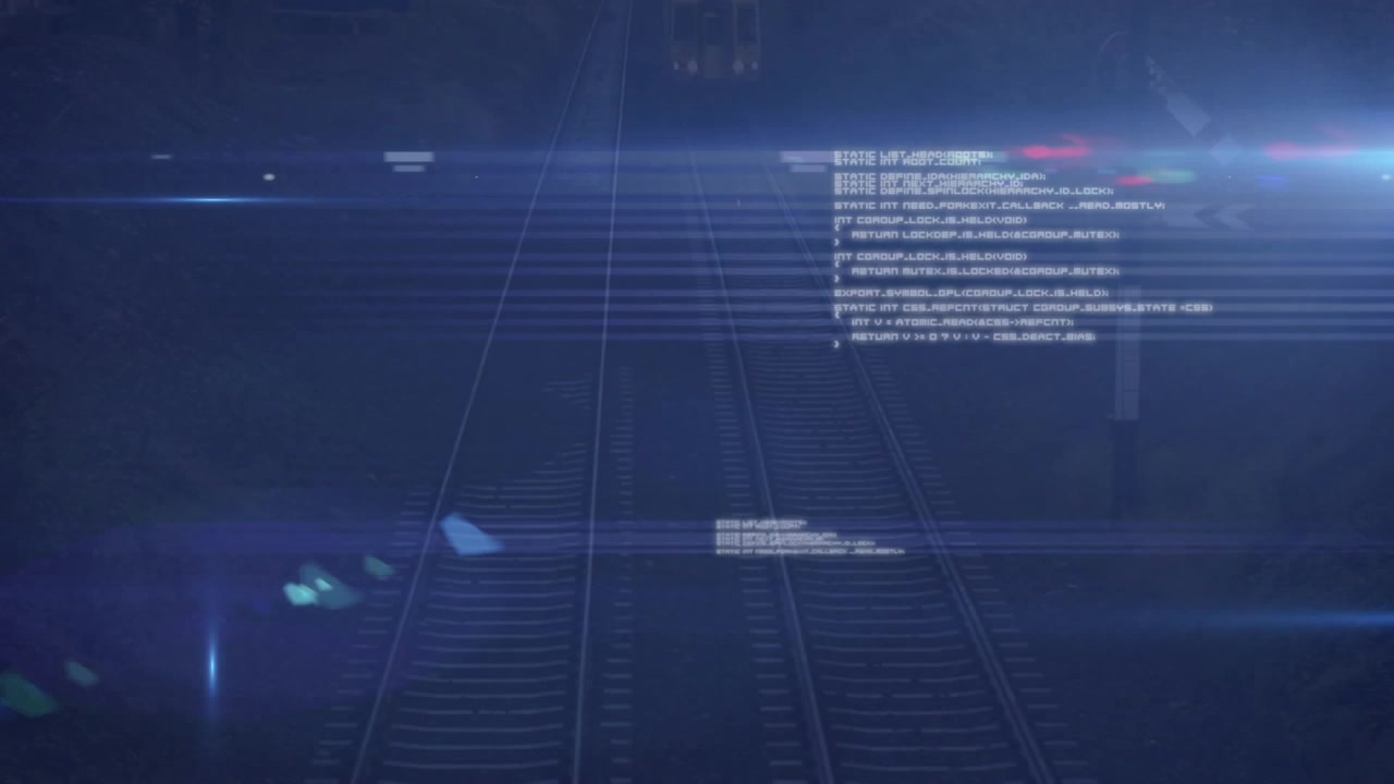 Animation of data processing over grid on blue background