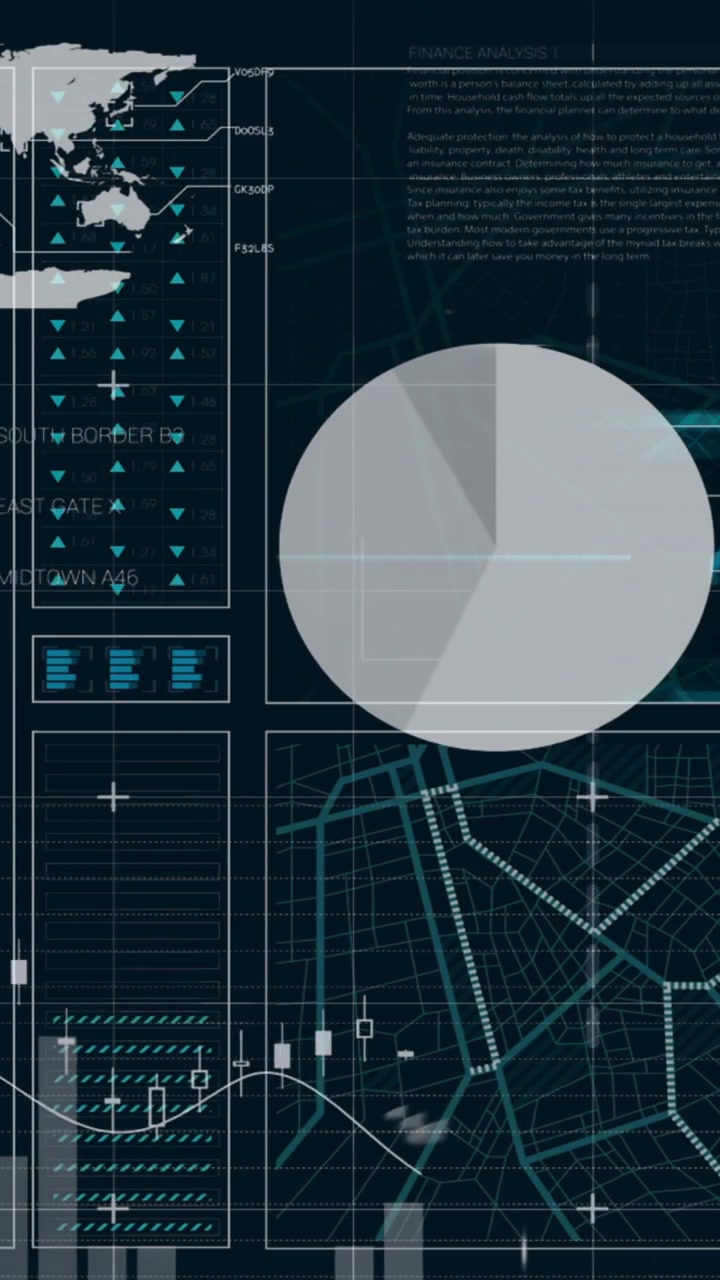 Animasjon av kart over diagrammer og databehandling på svart bakgrunn