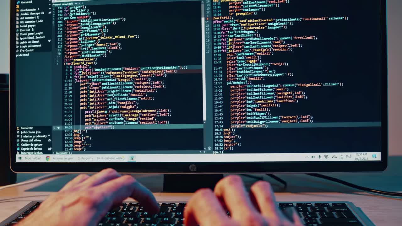 Close-up, eye-level shot of hands typing on a keyboard with code on a monitor