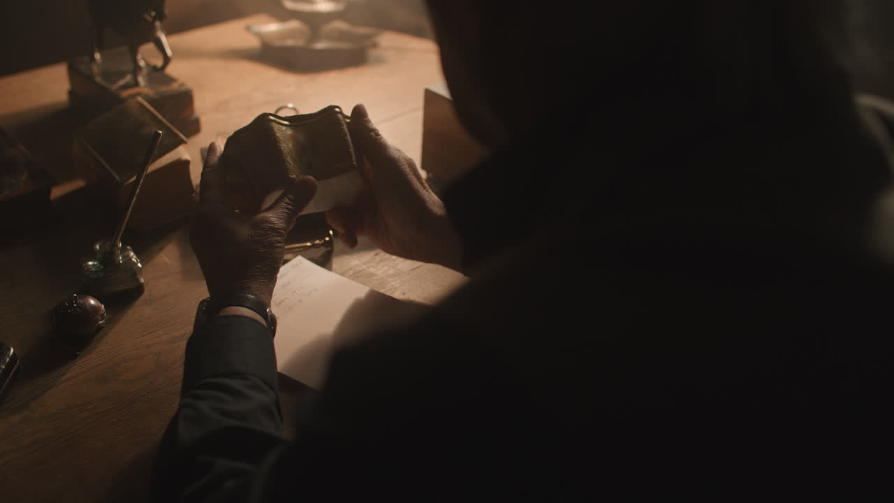 Older passionate man evaluates an old porcelain box