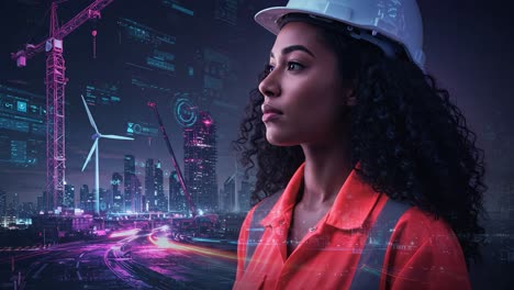 empowering future innovations: a construction professional envisioning a smart city with sustainable tech and modern industry advancements in the background