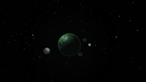 acercándose a un planeta enana verde que se mueve en el espacio con 4 lunas orbitando alrededor de su eje