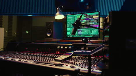 empty control room filled with buttons and sliders used for recording