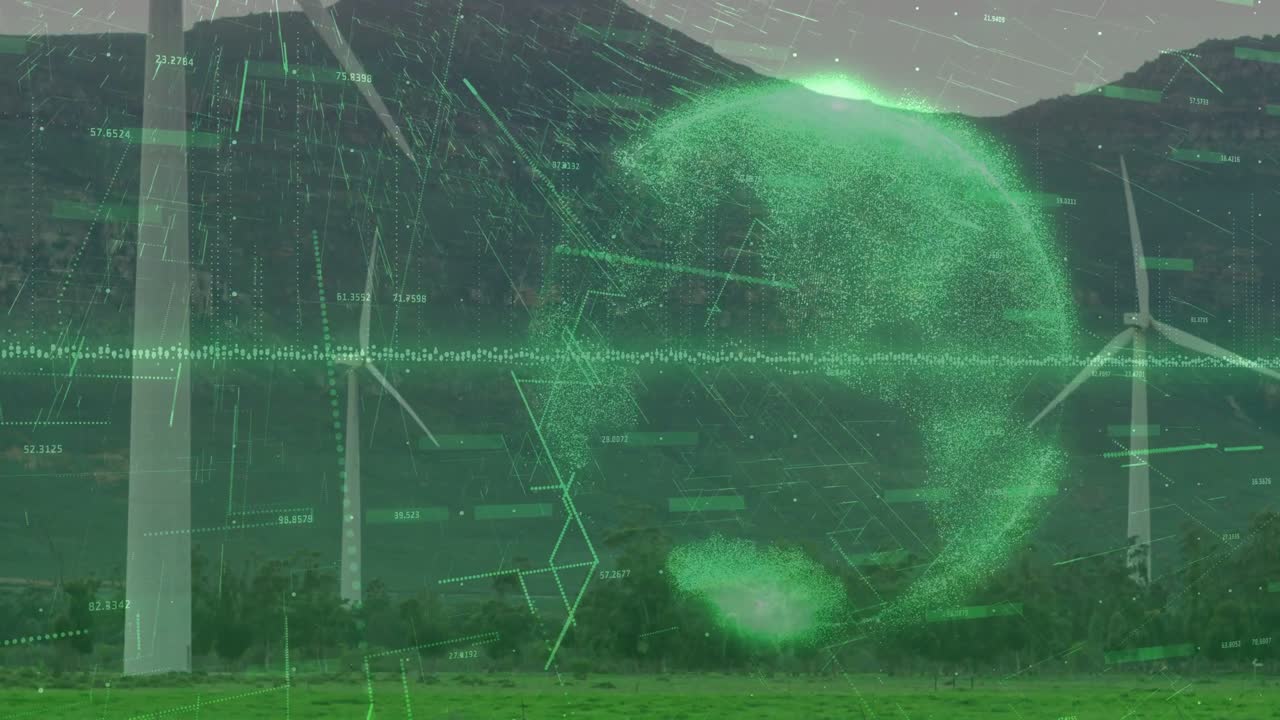 Vertical video: Data stream initiating hologram expanding over wind farm, showing power charts