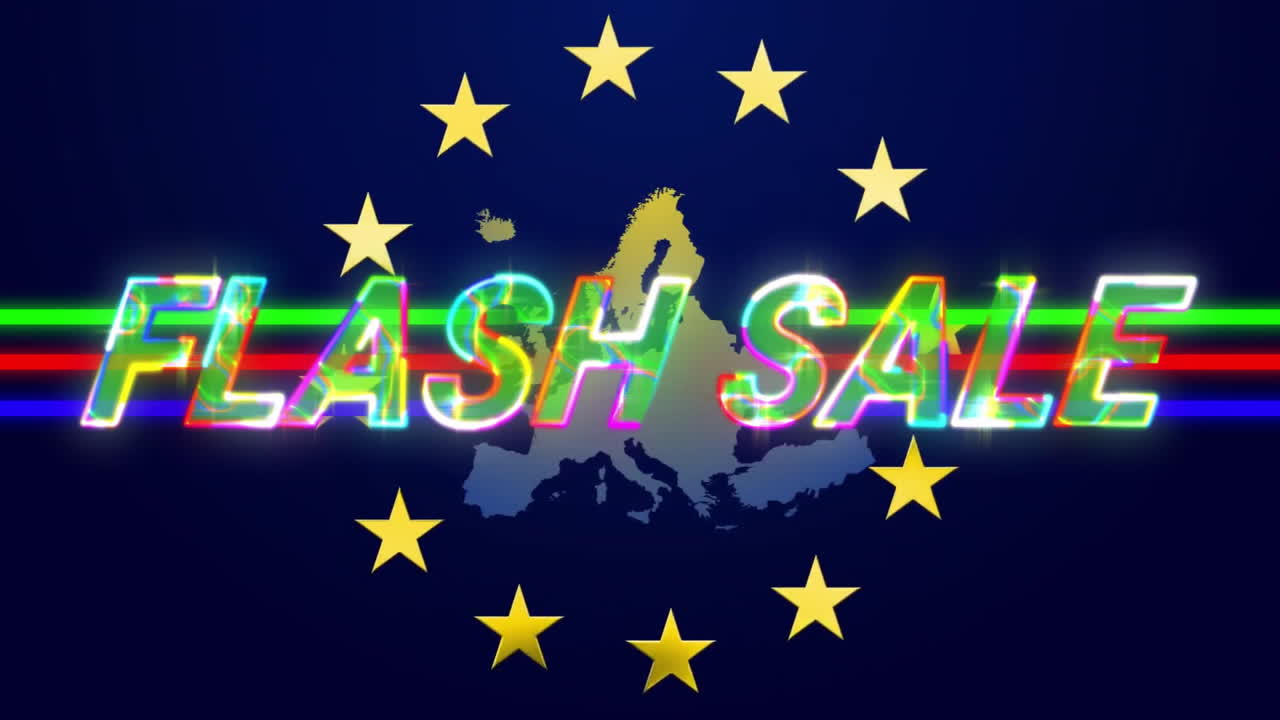 Flash Sale text animation over European map with stars and colorful stripes