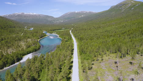 asphalt road near the strynselva river surrounded with green forest in stryn, norway