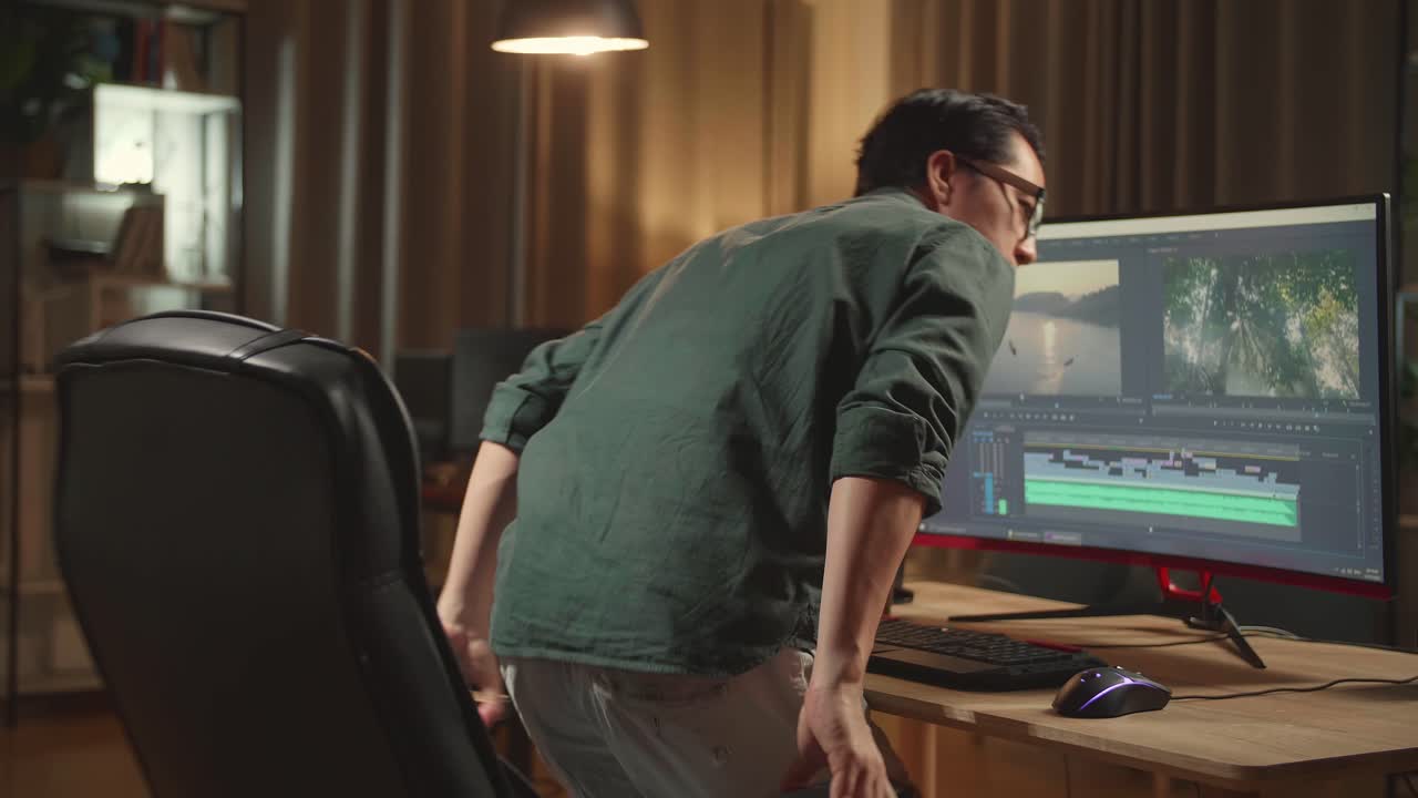 Asian Male Video Editor Start Works With Footage And Sound On His Personal Computer, He Works Late At Night
