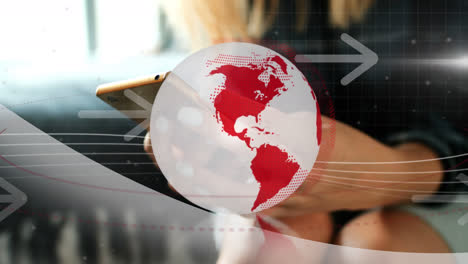 animation of globe over woman using smartphone