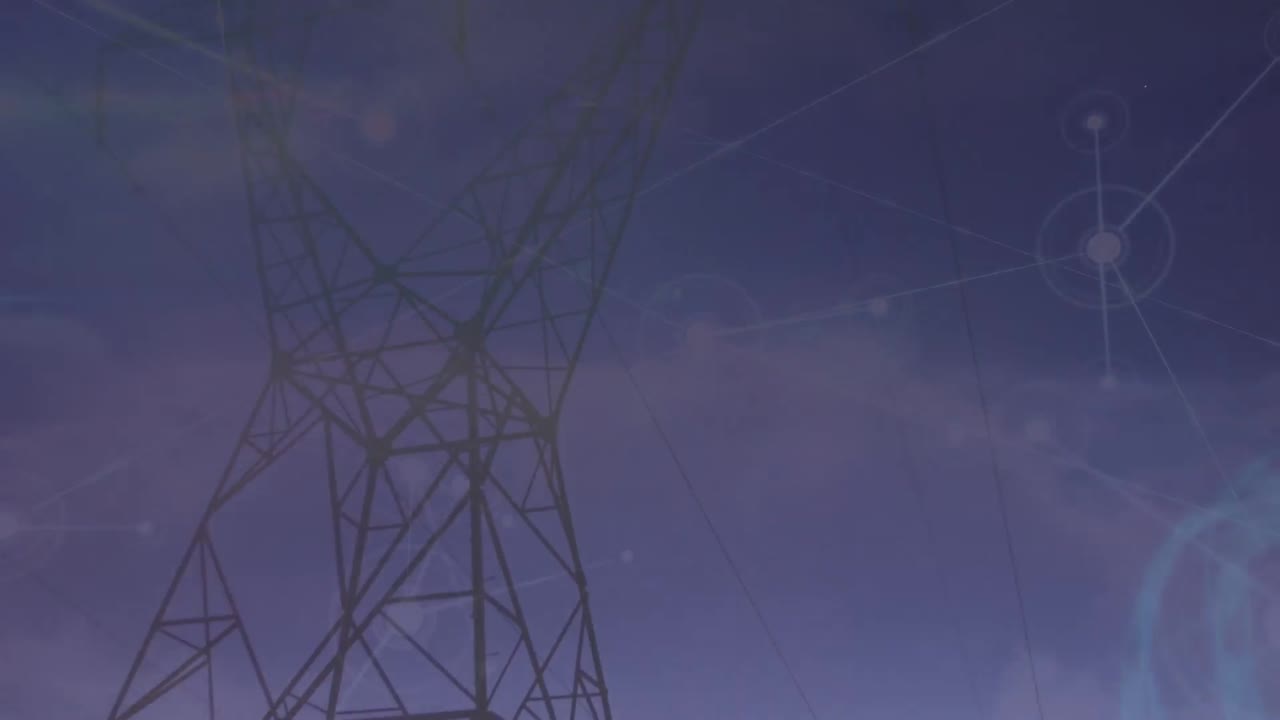 Animation of network of connections over mobile towers against clouds in the blue sky