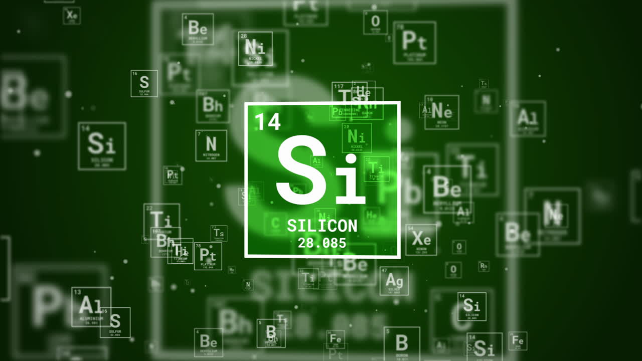 Hydrogen chemical element square icon on green looped animated background with periodic table element icons.