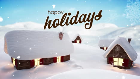 Animation-of-happy-holidays-text-and-snow-falling-over-winter-scenery