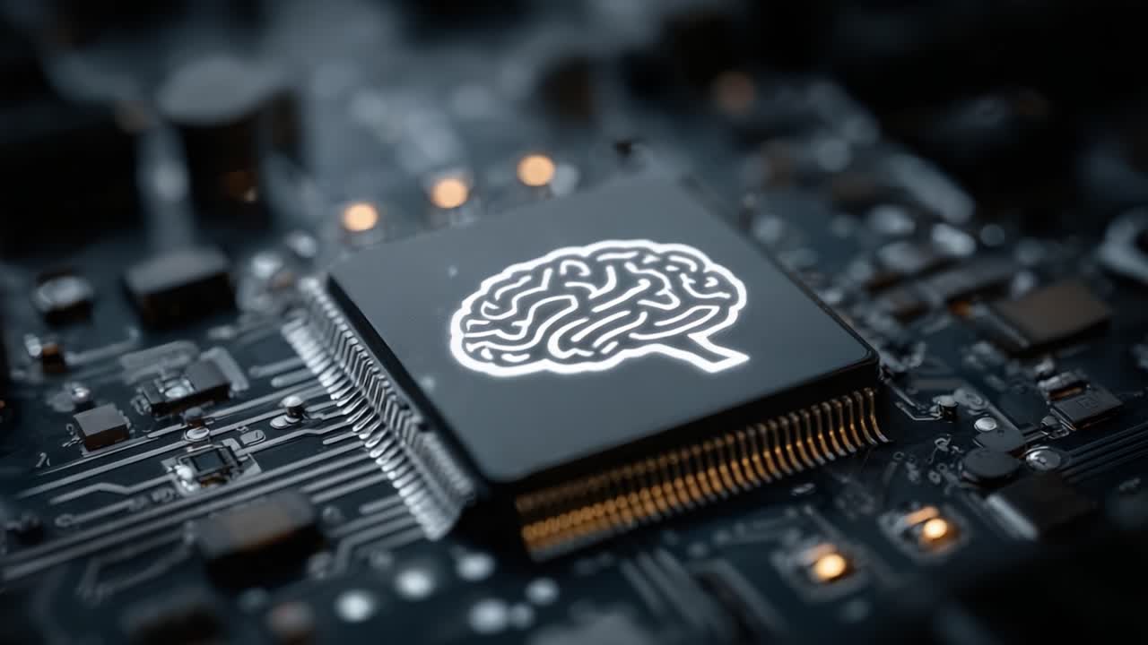 Exploring the Fusion of Technology and Intelligence: A Close-Up of a Circuit Board Featuring a Brain Icon on a Microchip, Symbolizing the Rise of Artificial Intelligence
