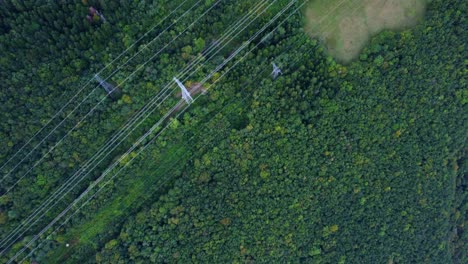 Imágenes-De-Drones-De-Líneas-Eléctricas-Que-Se-Extienden-Sobre-Frondosos-árboles-Verdes-Cerca-De-Grenoble,-Francia,-En-La-Región-De-Auvergne-rhône-alpes,-En-El-Sureste-De-Francia