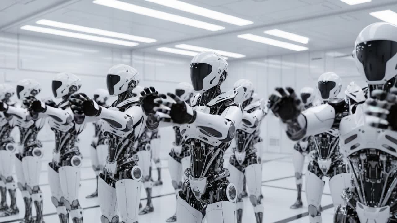 A Lineup of Advanced Robots: Showcasing the Cutting-Edge Technology of Humanoid Robots in a Futuristic Environment, Ready for Action and Interaction.