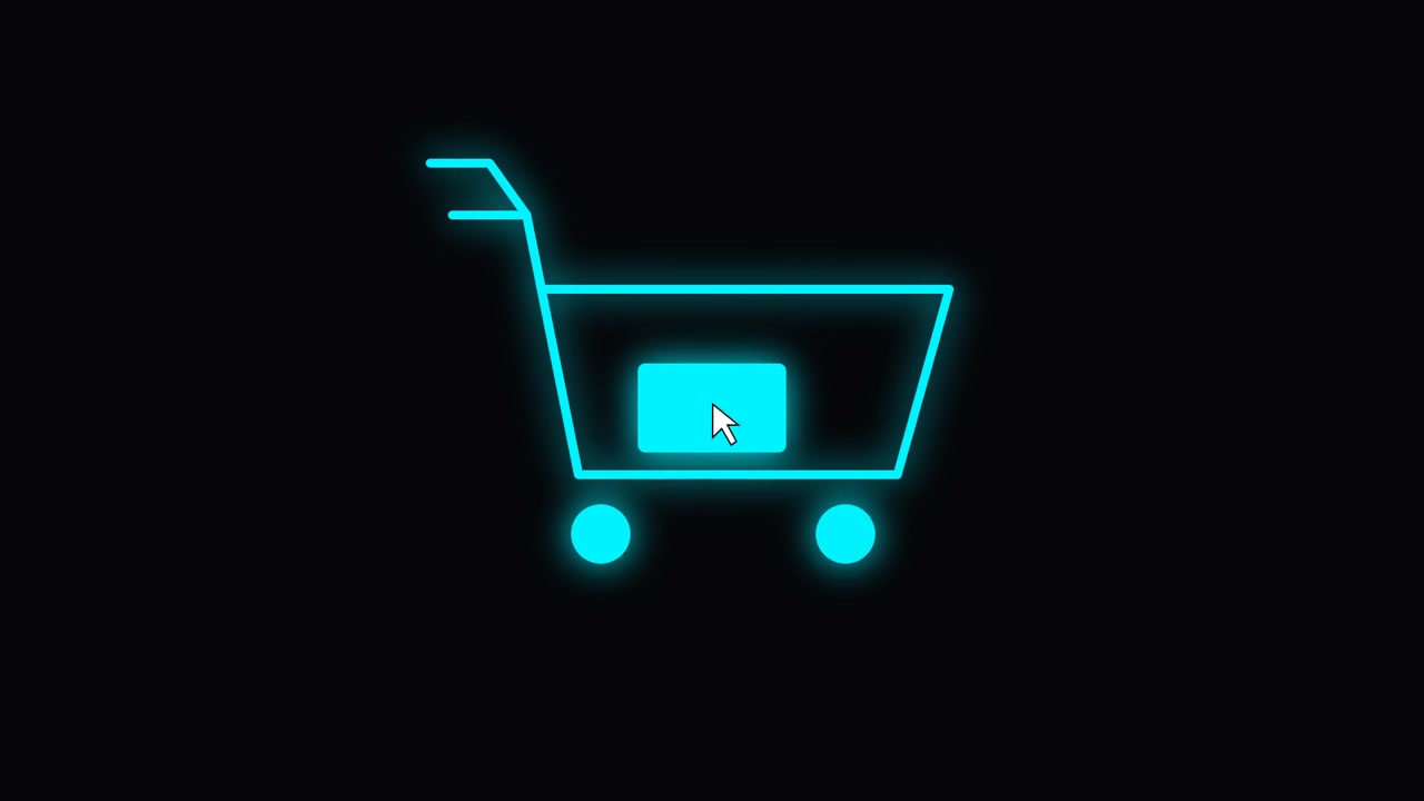Animazione di carrello della spesa digitale con notifica di successo.