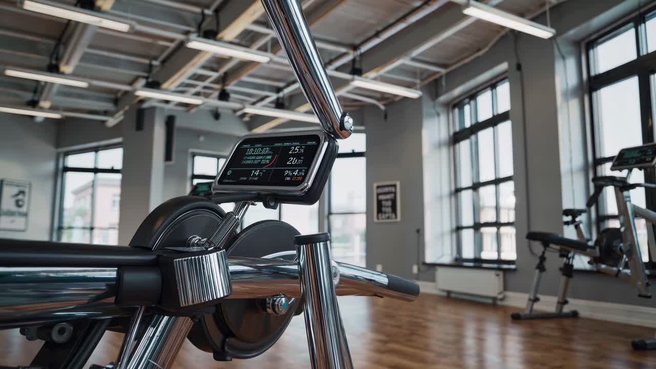 Wide-angle shot of a modern gym interior, focusing on sleek exercise equipment