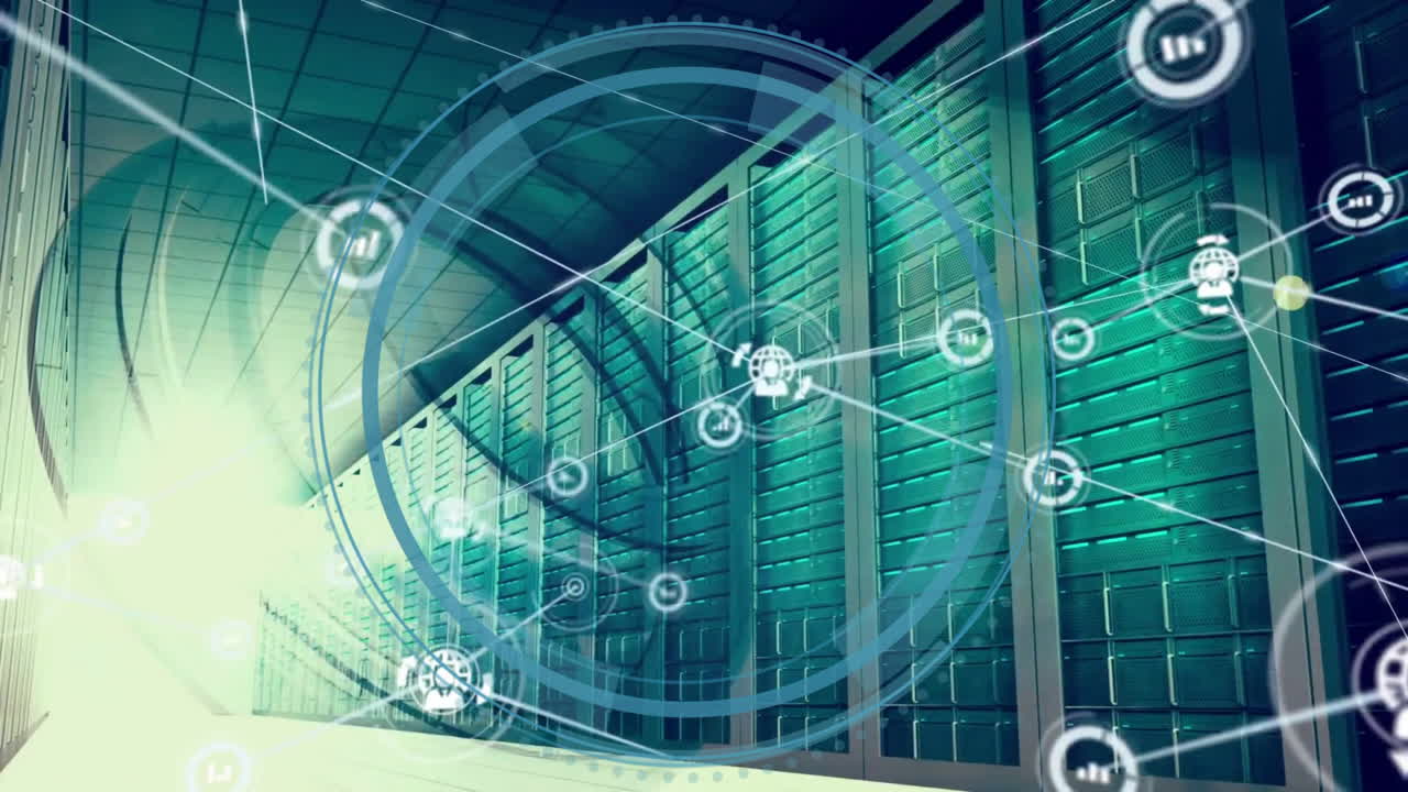 Animation of global data network and loading rings over server room