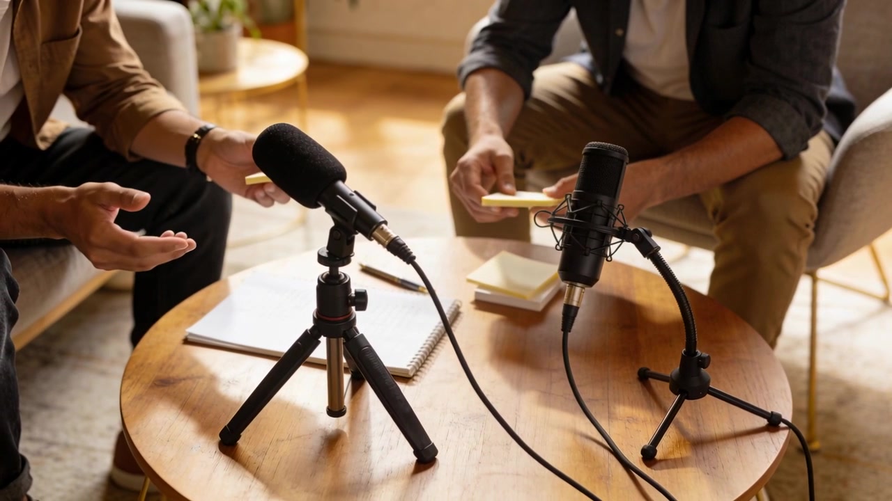 Pembawa acara di kanan sedang menyortir catatan tempel, sementara dua rekan pembawa acara lainnya menyiapkan podcast di studio rumah, dengan mikrofon.