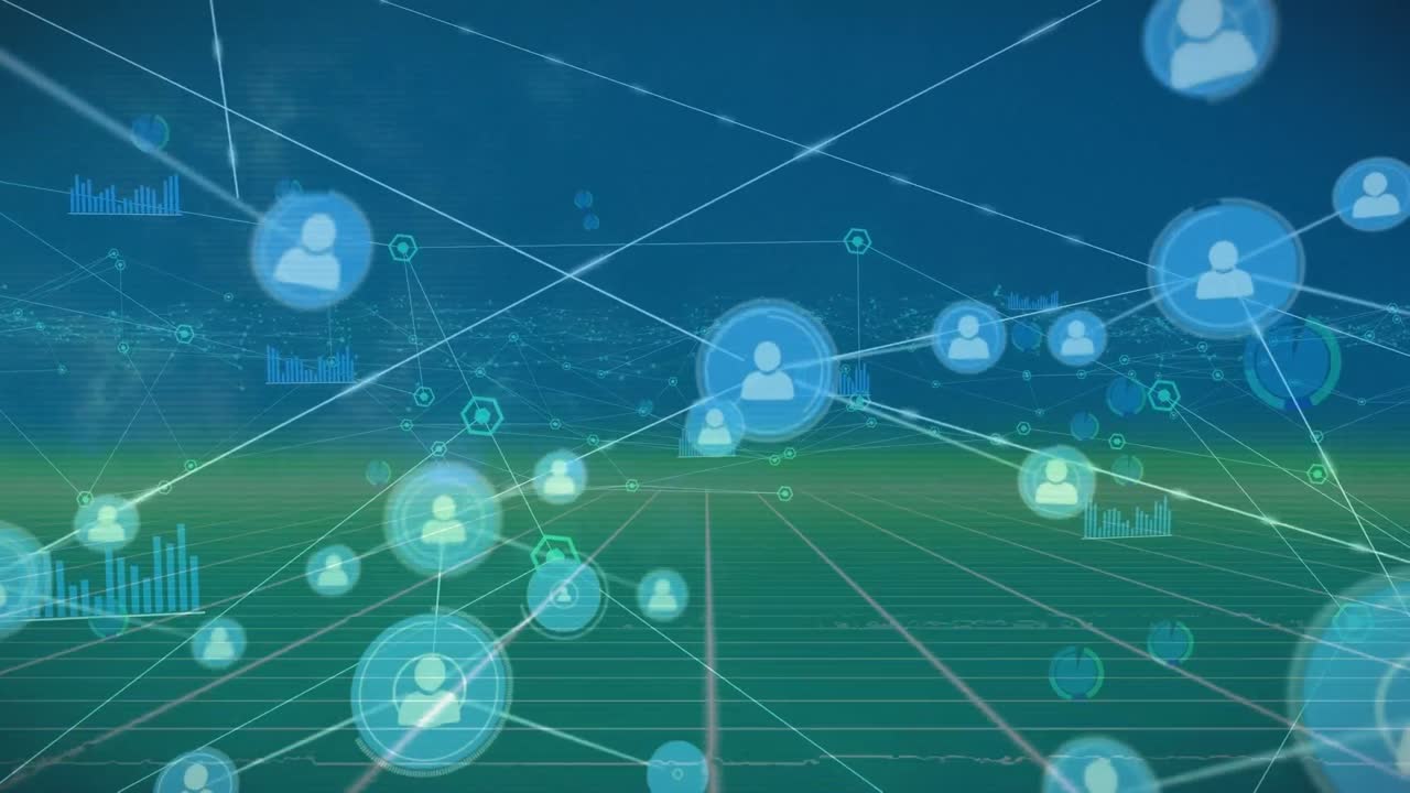 파란색 배경 위에 아이콘으로 연결 네트워크의 애니메이션