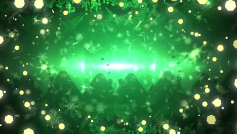 Animation-of-snow-falling-and-christmas-fairy-lights-flickering-over-green-background