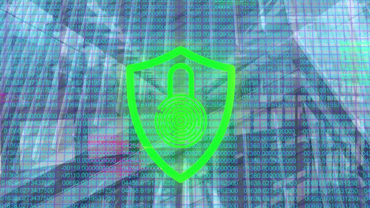 락의 애니메이션과 도시 풍경 및 컴퓨터 서버를 통해 데이터 처리가