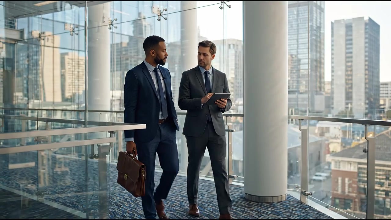 Professional businessmen reviewing digital tablet while walking through modern corporate office interior