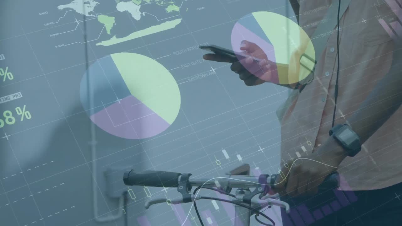 animación del procesamiento de datos financieros sobre un hombre afroamericano que usa un teléfono inteligente