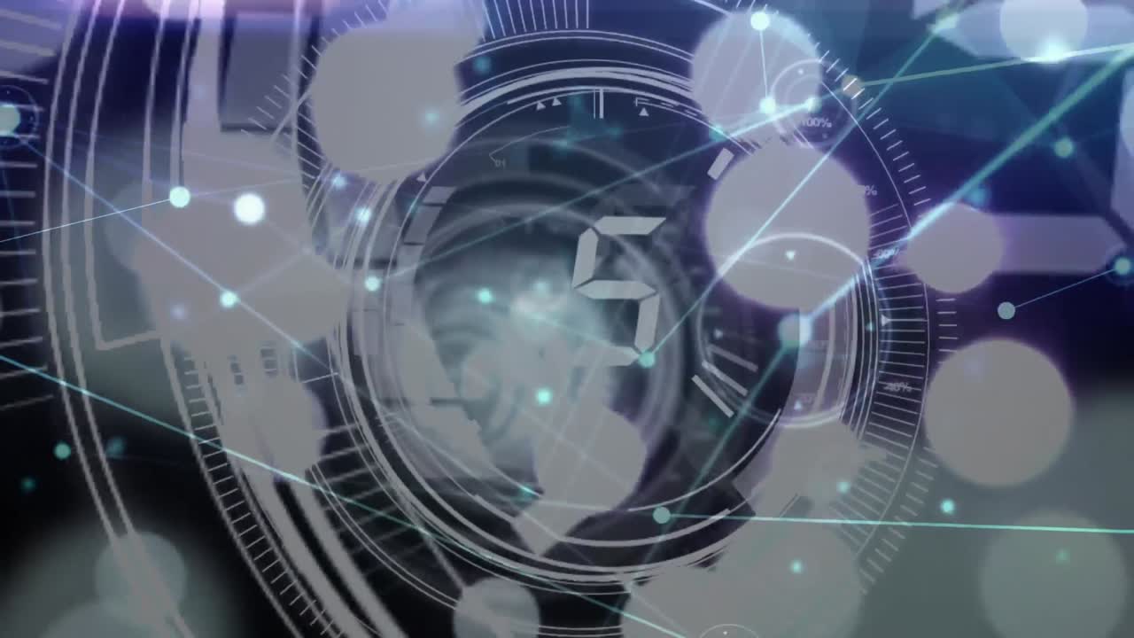 인터페이스를 사용하여 vr 안경에 있는 여성의 눈 위의 지구와 연결 네트워크의 애니메이션