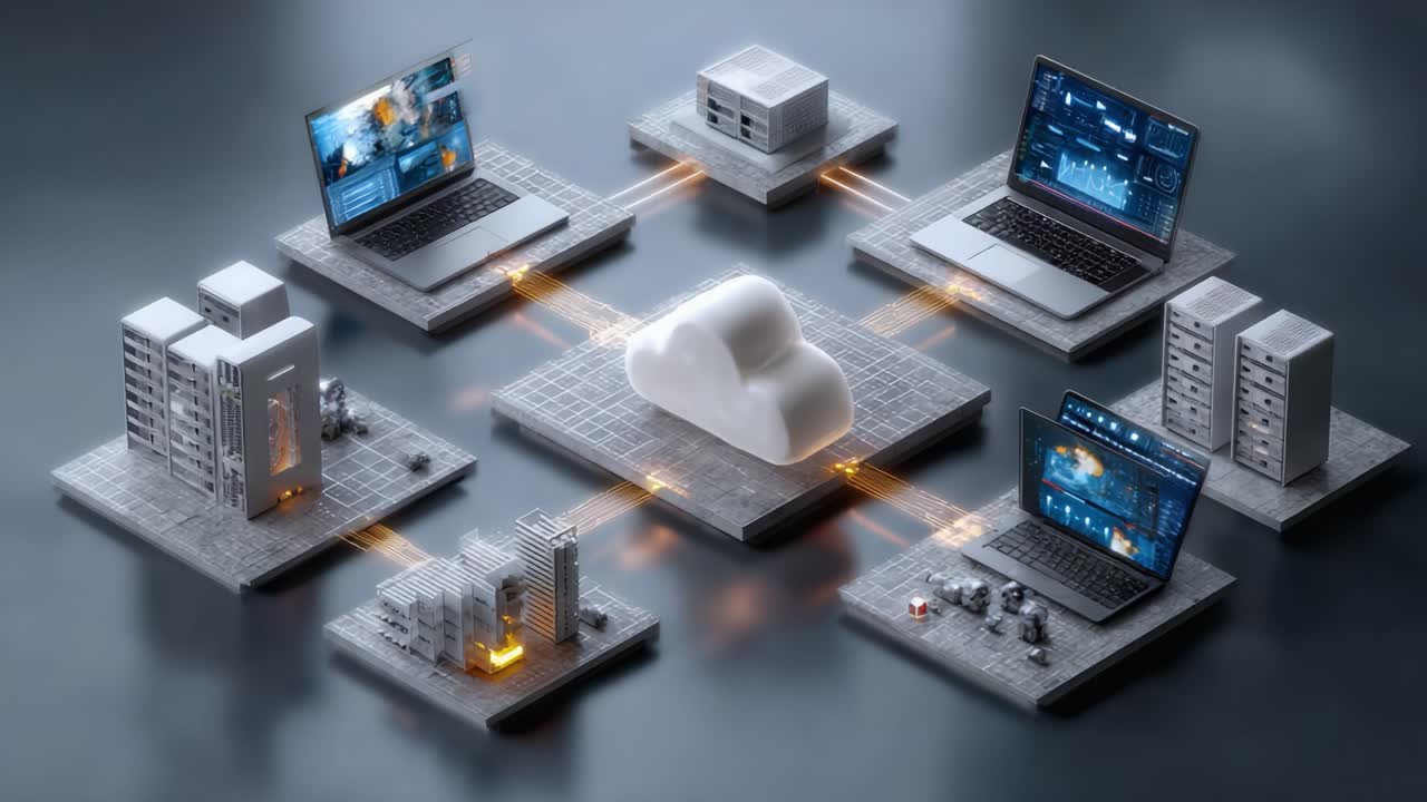A Dynamic Visualization of Data Processing and Cloud Integration in a Modern Digital Network with Multiple Connected Devices and Infrastructure Components