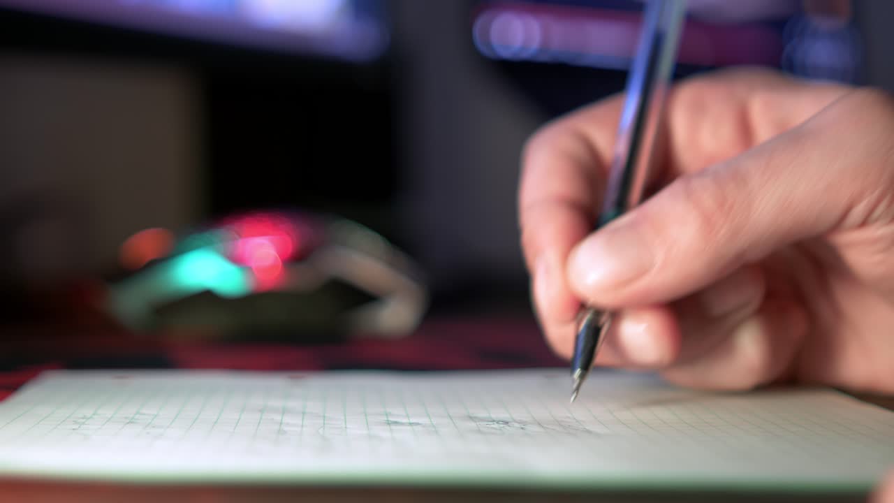 A pen writes on lined paper, creating visible strokes. Soft lighting highlights the writing process against a blurred tech backdrop