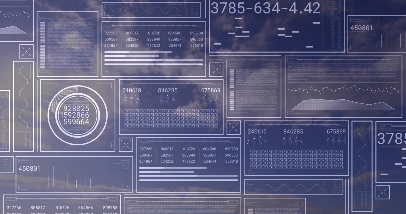 Translucent HUD appearing, panels updating with numeric grids and mini charts showing telemetry