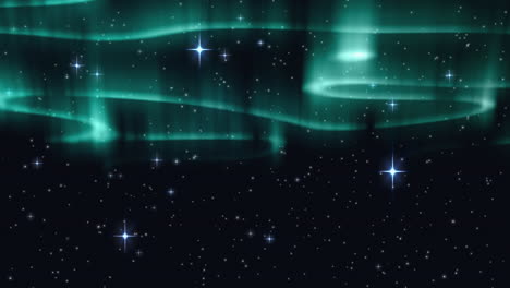 digital animation of glowing green light trails and shining stars in night sky