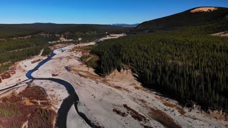 Natural-isolated-green-forest-landscape-where-a-river-flows-in-Nordegg,-Canada