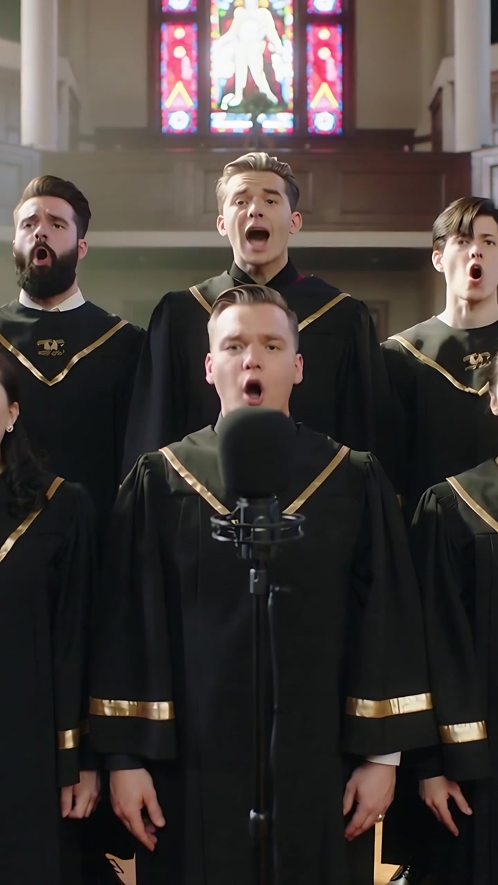 Video verticale: Su indicazione, cantante che si china sul microfono dirigendo un coro in tonaca in chiesa sotto vetrate colorate.
