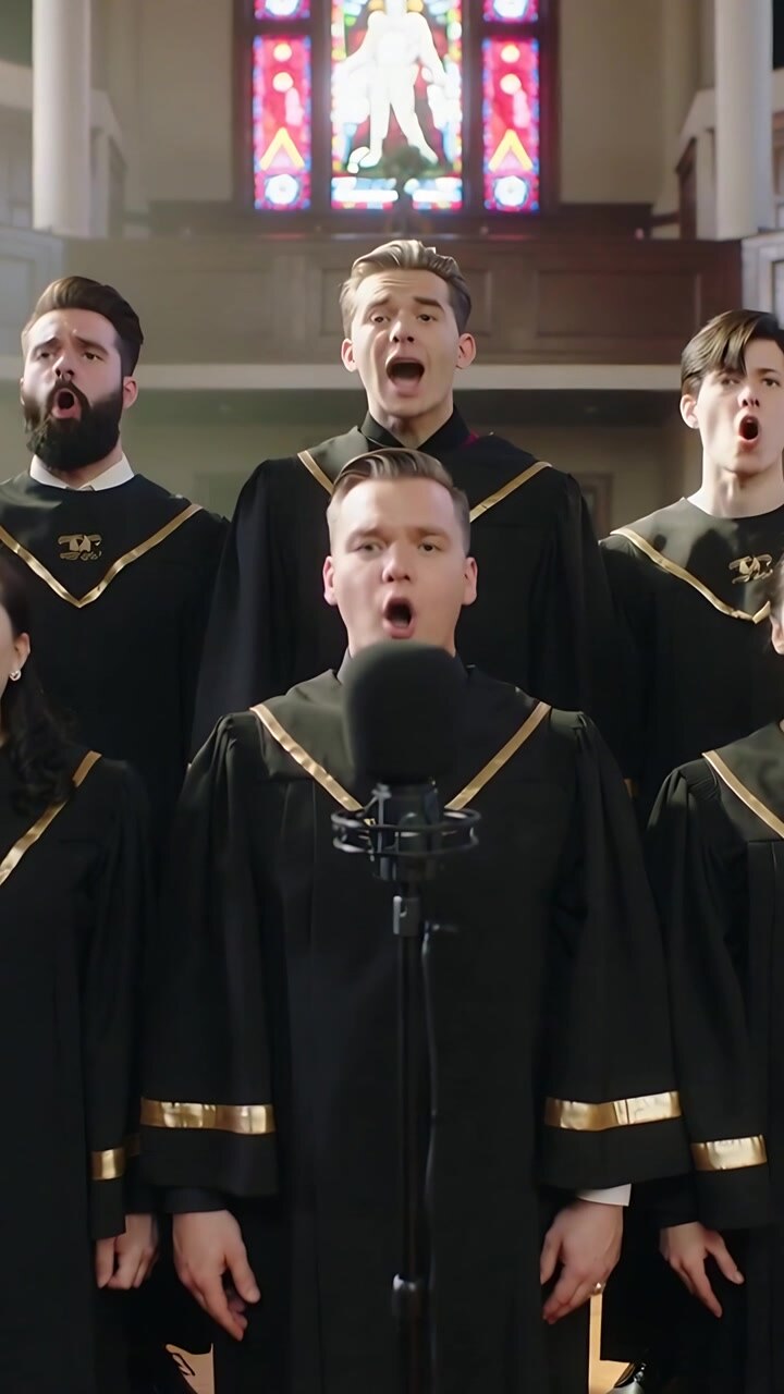 Video verticale: Su indicazione, cantante che si china sul microfono dirigendo un coro in tonaca in chiesa sotto vetrate colorate.