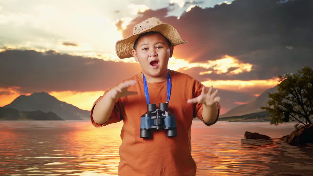 Asian Boy With A Hat Saying Wow After Looking Through The Binoculars. Boy Researcher Examines Something At A Lake, Travel Tourism Adventure Concept