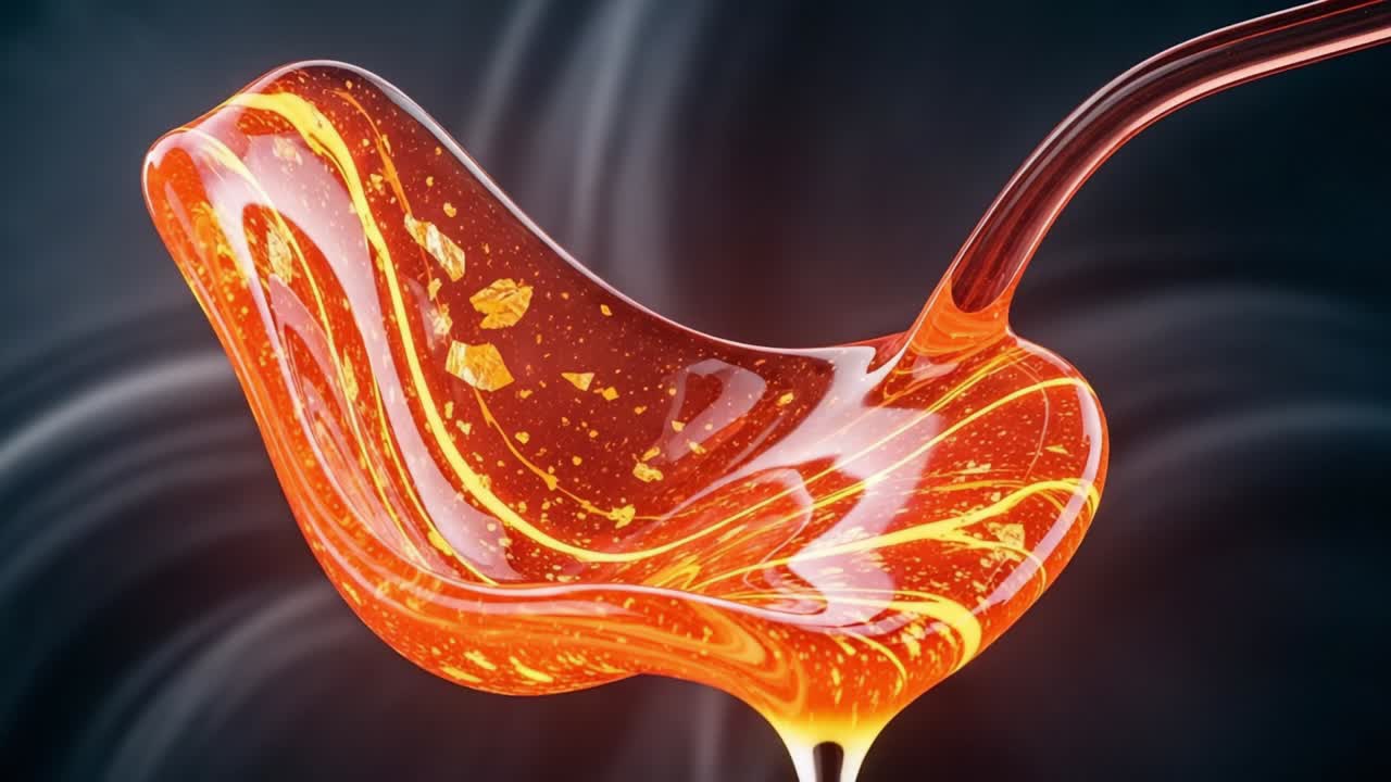 A Captivating Close-Up of a Vibrant, Flowing Orange Liquid in a Unique Spoon Shape, Highlighting Intricate Patterns and Textures During the Melting Process