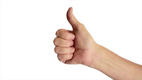 close up shot of a male hand giving a classic thumbs up sign, against a plain white background