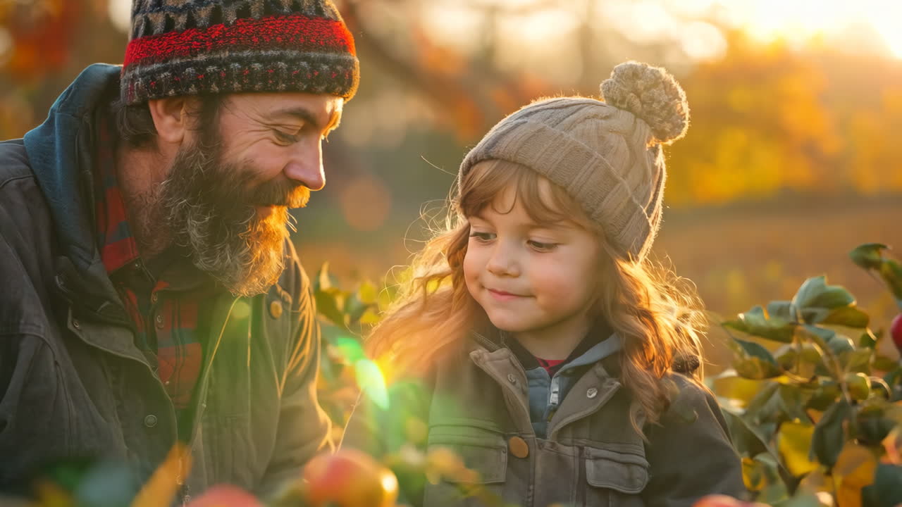 Autumn Apple Harvest at Sunset With Father and Daughter in Orchard. A father and daughter enjoy a joyful moment together while harvesting apples in an orchard during a beautiful autumn sunset.